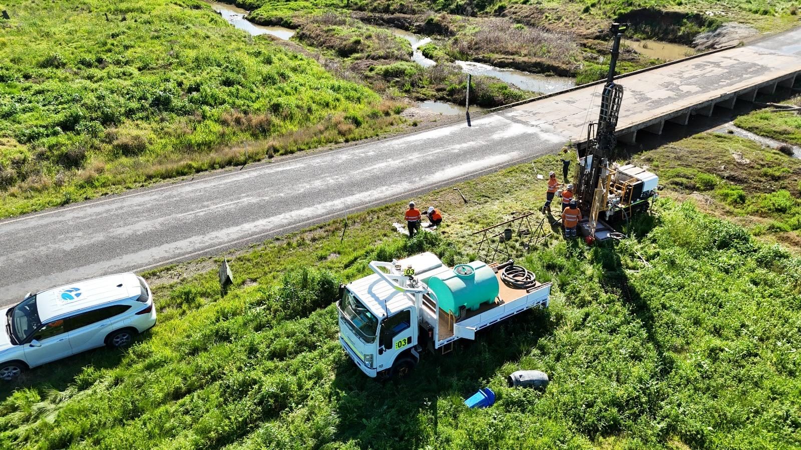 Aerial view of a geotechnical drilling crew at work