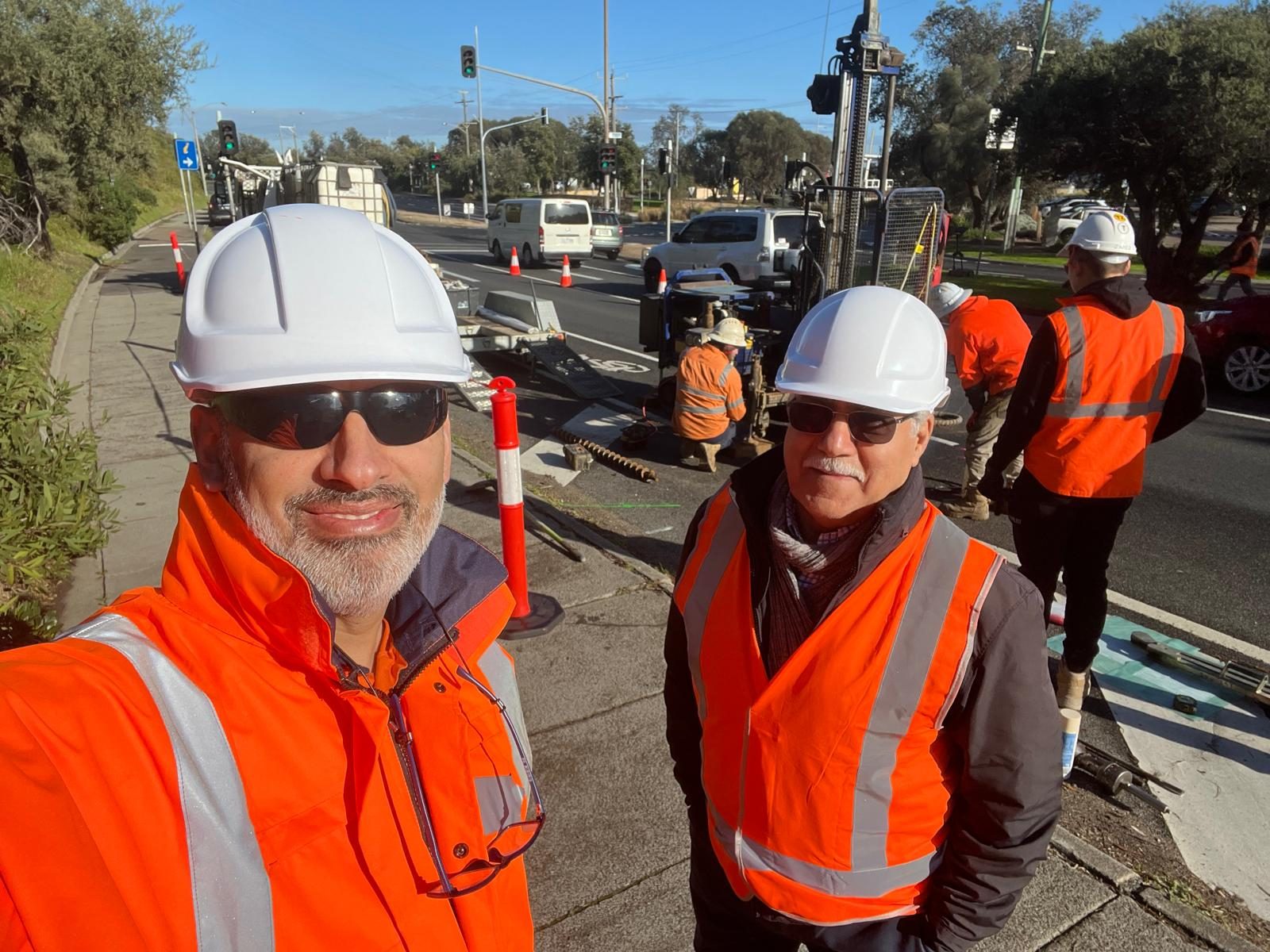 Geotechnical drilling on a road with traffic management